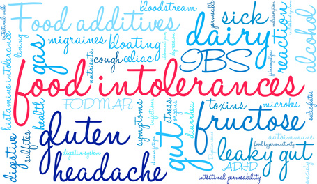 Food Intolerances word cloud on a white background.